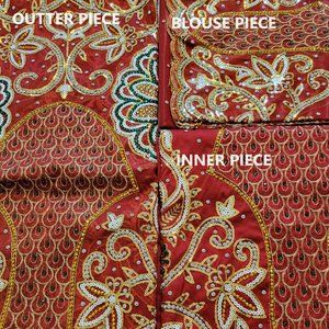 Red Net & Taffeta George Wrapper with Gold Rhinestone 3 Piece, 6 Yards Total